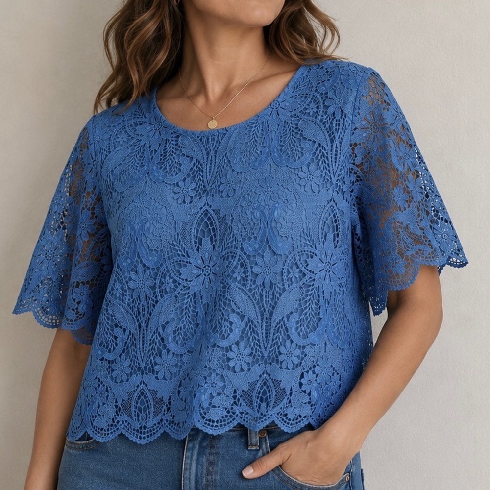 Blue Floral Lace Crop Top Large NWT Talbots Romantic Cottagecore Dressy Blouse